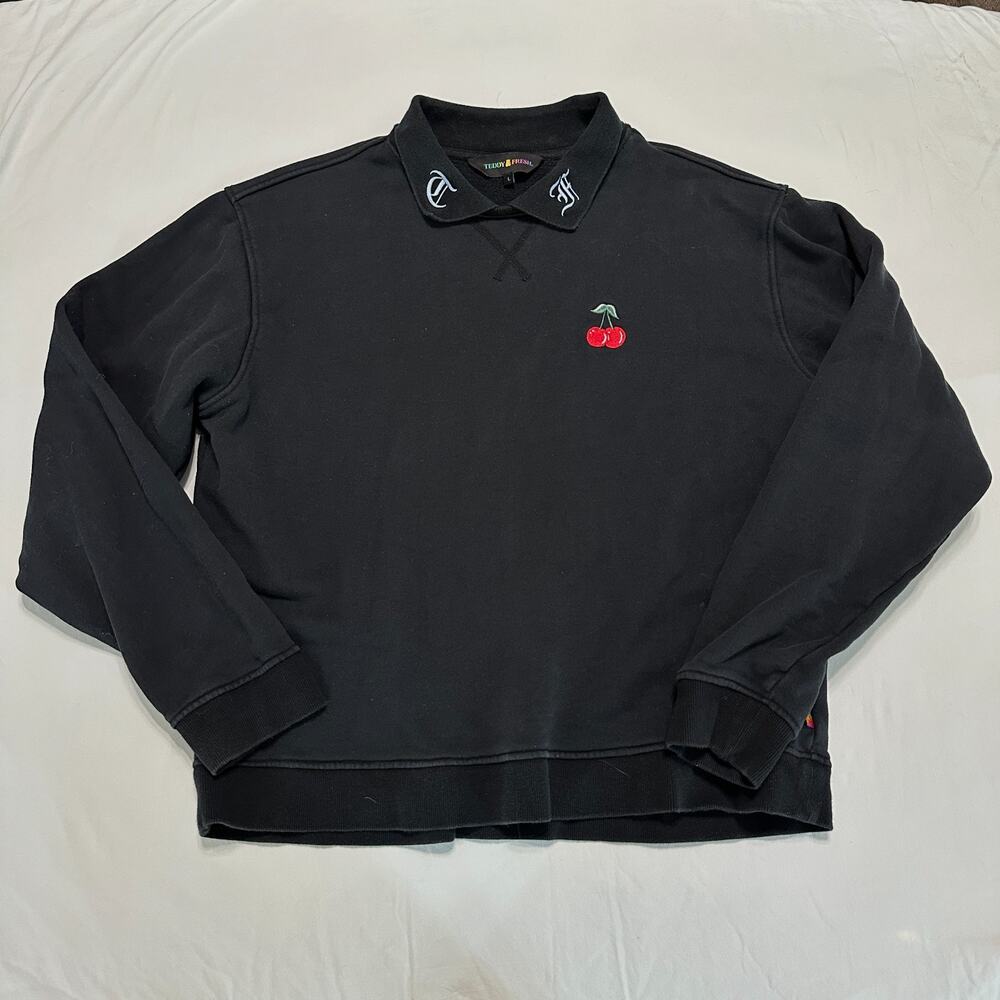 Teddy Fresh Mens Large Black Pullover Sweatshirt Collar Cherry Embroidered